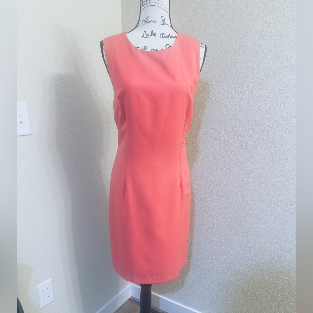 Herman Geist Career Chic Retro Vibe Sleeveless Coral Midi Sheath Dress